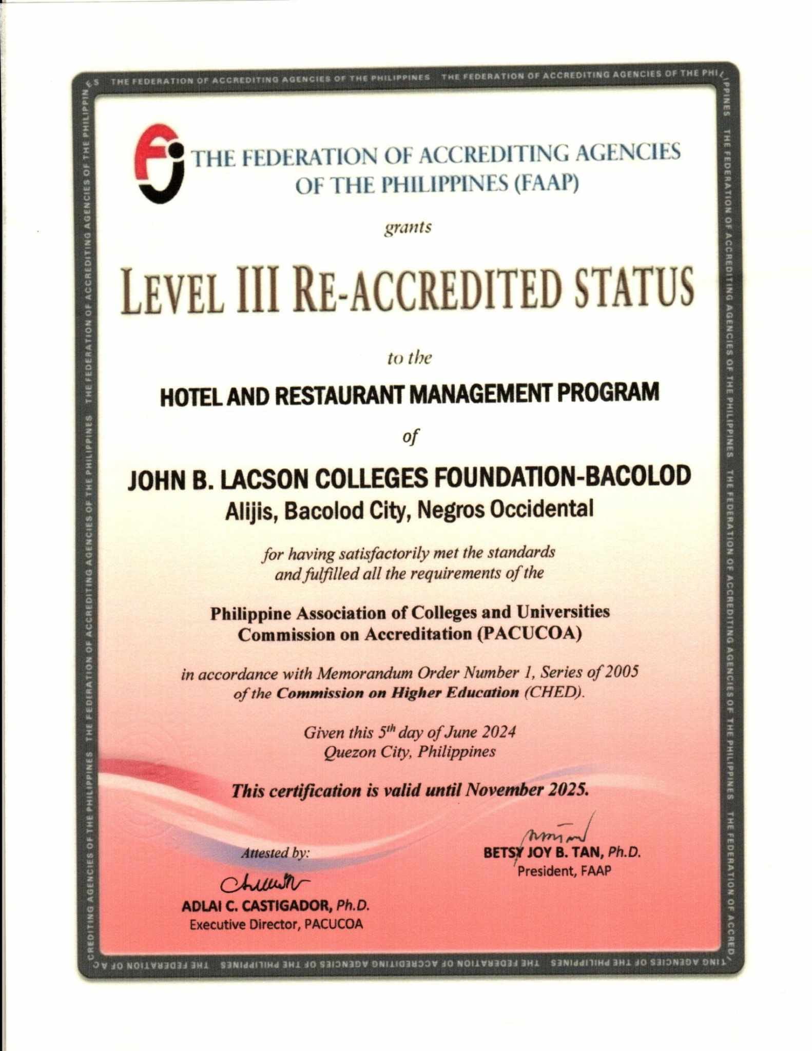 John B. Lacson Colleges Foundation Passes PACUCOA Level III Re-Accredited Status of the Bachelor of Science in Hospitality, Major in Cruise Ship Services, and Bachelor of Science in Customs Administration